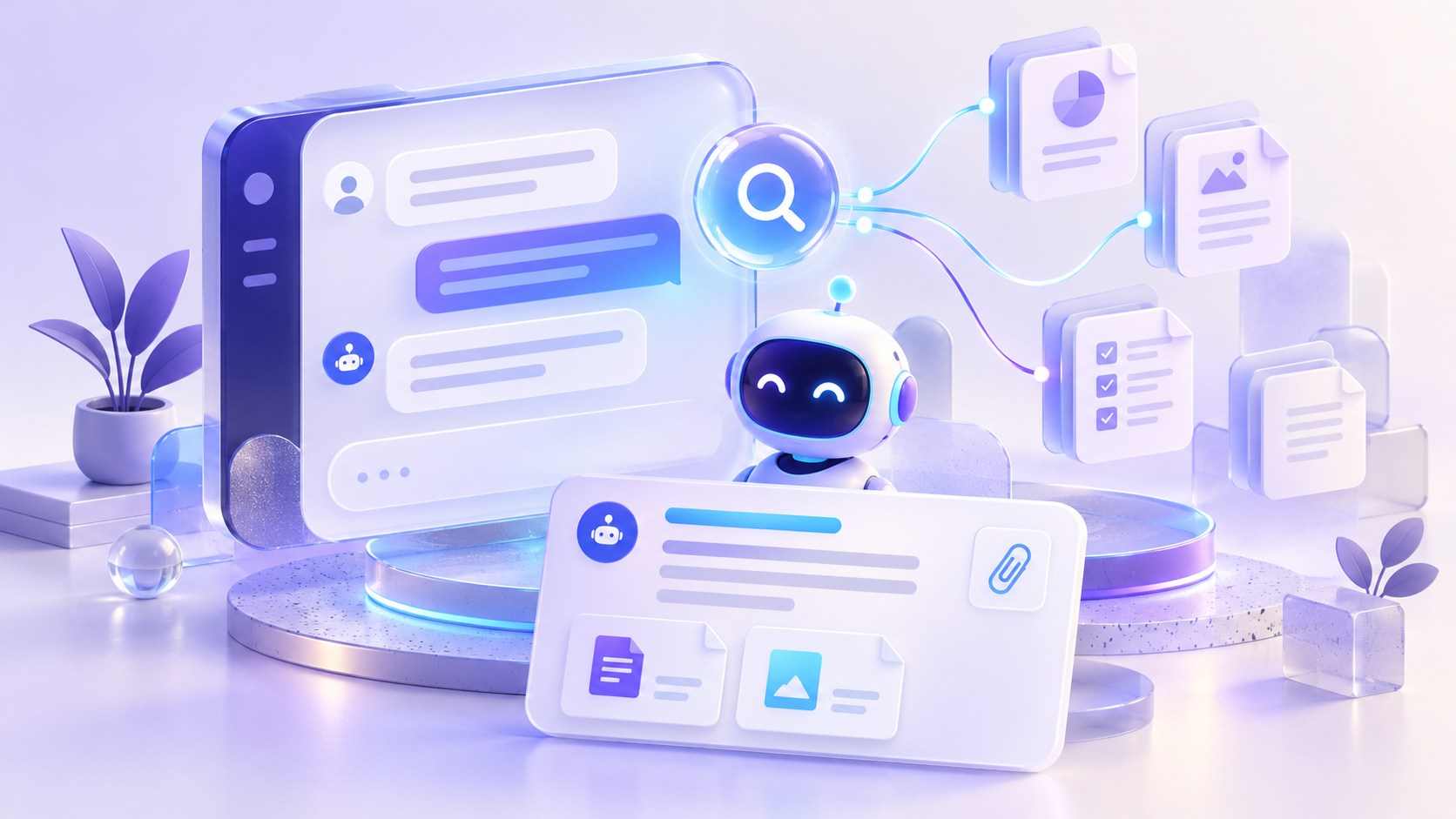 ภาพประกอบแนวคิด HR Knowledge Chatbot โทนม่วงและฟ้า แสดงแชต การค้นคลังความรู้ และเอกสารแนบ สร้างด้วย AI ไม่ใช่ภาพหน้าจอระบบจริง