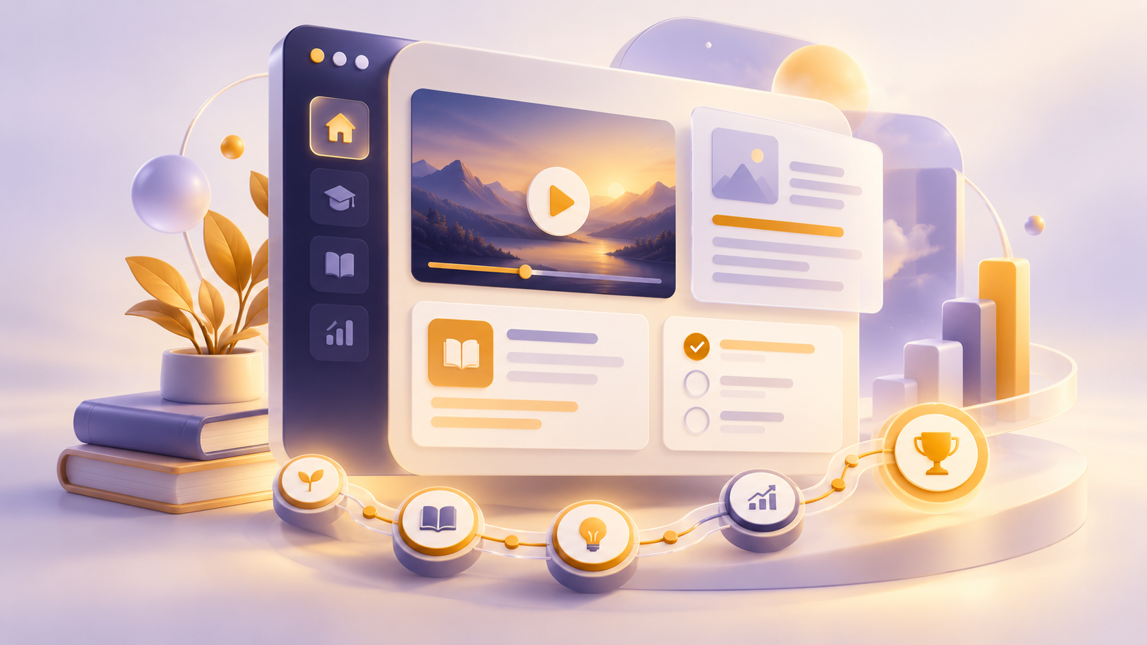 ภาพประกอบแนวคิดระบบ E-Learning โทนม่วงและทอง แสดงวิดีโอ บทเรียน แบบทดสอบ และเส้นทางการเรียนรู้ สร้างด้วย AI ไม่ใช่ภาพหน้าจอระบบจริง